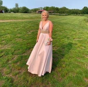 JOVANI EMBELLISHED WAIST BLUSH PROM DRESS BALL GOWN PLUNGING NECKLINE A LINE 28